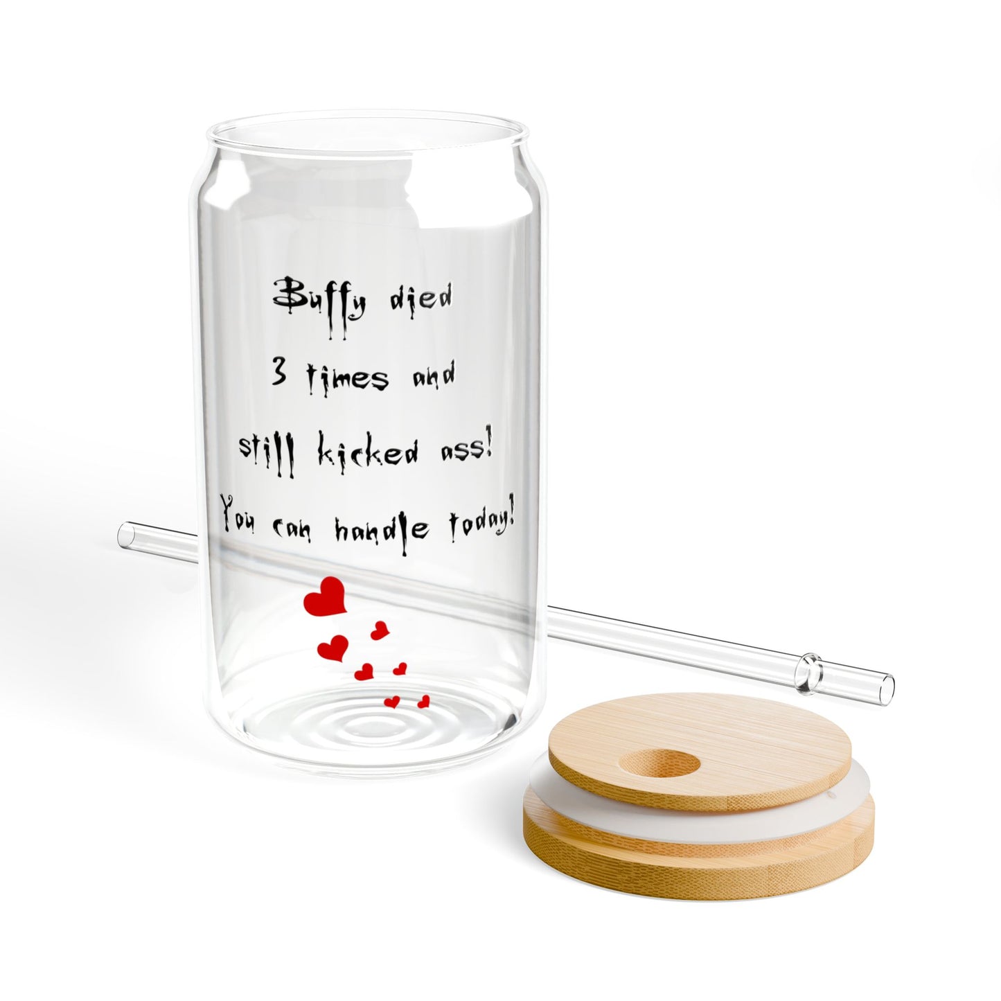 Buffy Inspired Sipper Glass 16oz - Premium Clear Tempered Drinkware with Optional Bamboo Lid & Straw